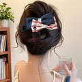 Barrette nœud vintage français en denim bleu et tissu rayé rouge et blanc de 11cm - env. 11.5cm / 1# Double Nœud à Rayures Rouge et Bleu Denim Pince à Bec de Canard