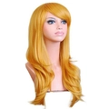 70cm golden long curly synthetic wig with side-parted bangs on female mannequin - Earthy Yellow