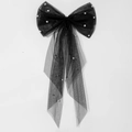 Elegant black tulle bow hair clip with pearl accents on a clean white background - Black Single Layer Slanted