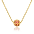 Detail of a gold box chain necklace featuring a brilliant red zircon pave spherical pendant - Rose Pink