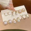 Elegante set di 6 paia di orecchini con finitura dorata perle e zirconi brillanti - 3# Oro e Bianco
