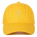 Detail of yellow cotton cap showing white faith cross embroidery and stitched eyelets - Adjustable / Yellow