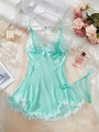 Mint green lace babydoll sleepwear set with transparent mesh and floral embroidery - Light Green