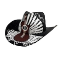 Black woven cowboy hat with western guitar patterns on front and brim - Black/White Guitar Pattern