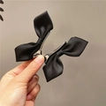 Pair of cute black satin bow hair clips for girls with silver alligator metal grips - Black Satin Bow Pair