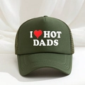 Detail of olive green trucker hat with I Love Hot Dads print and breathable mesh back - Army Green