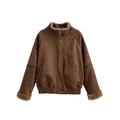 Damen Jacke aus braunem Wildlederimitat mit Kapuze und warmem Lammfellfutter - S / Dunkelbraun