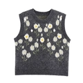 Dark grey knitted vest with white and yellow daisy flower embroidery on plain background - S / Dark Gray