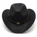 Classic black wide brim western cowboy hat with brown faux leather and metal studs - Brown Leather Belt Decoration / Black