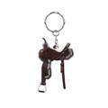 Detail of Western saddle acrylic keychain with brown leather texture and silver chain - Leather Patchwork Color Saddle
