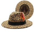 Detailed side view of leopard print fedora with elegant feathers and black ribbon band - M (56-58cm) / Colorful Feather Decor Black Ribbon Leopard Fedora (5)