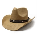 Chapeau de cowboy classique en paille kaki avec ruban cuir et emblème tête de taureau - M (56-58cm) / Khaki
