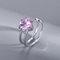 Irregular silver ring with heart-shaped pink zircon in a modern minimalist style - Pink Heart Double Band (JZ0119)