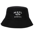 Cappello a secchiello nero in cotone con ricamo Maui Hawaii e palme su sfondo bianco - Regolabile / Nero