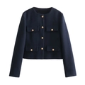 Detail of navy blue cropped tweed jacket featuring textured weave and golden buttons - XS / Navy Blue