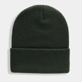Detailed view of dark green knitted beanie with a classic ribbed texture and folded cuff - One Size / Dark Green