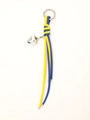 Detail of yellow and blue woven leather keychain with silver heart pendant and metal ring - Yellow Blue Block