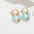 Minimalist gold hoop earrings featuring oval sky blue enamel pendants with gold crackle texture - Blue (ES2620-6)
