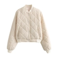 Quilted cream bomber jacket with ribbed collar and snap buttons on a white background - S / Off White