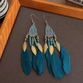 Bohemian blue feather earrings with alloy leaf charms and colorful beads in detail - Blue (2# Ear Hook-Gold)