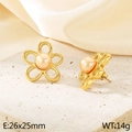 Pendientes de flores huecas doradas con perla champán y especificaciones de tamaño - 26x25mm / Dorado/Perla Naranja (KE115786-GC)