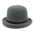 Women's warm grey knit bowler hat with vintage leather strap and metal stud accents - M (56-58cm) / Gray