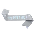 Sparkling silver glitter BIRTHDAY sash with elegant It's my BIRTHDAY lettering decoration - JD48 / Silver AB