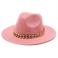 Close-up of pink woven straw fedora hat featuring a chunky gold chain link band detail - M (56-58cm) / Dusty Pink Hat Only