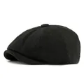 Classic black wool blend newsboy cap with vintage octagonal stitch and round top button - Adjustable / Black