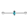 Silver industrial piercing bar with a teardrop blue crystal and steel ball ends - Carrot