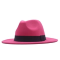 Detailed view of pink wool felt fedora hat featuring a classic black decorative band - M (56-58cm) / Rose Red
