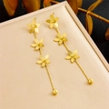 Elegant gold titanium steel triple flower tassel drop earrings on a jewelry tray - Long Flower Tassel Earrings (E6189)