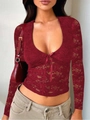 Top in pizzo bordeaux a maniche lunghe con scollo profondo e fiocchetto decorativo - S / Rosso