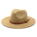 Nahaufnahme der Strohstruktur und des braunen Lederbands an einem Panamahut - M (56-58cm) / Khaki