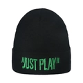 Detail of black knitted beanie featuring vibrant green JUST PLAY embroidery on the folded cuff - M (56-58cm) / Black and Green