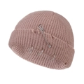 Detail of mauve knit beanie featuring punk style silver metal rings and large safety pin - 55-58cm / Shrimp Pink
