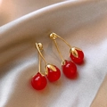Red cherry drop earrings with gold leaf accents on champagne silk fabric background - Water Drop Cherry (42# Silver Needle-Red Water Drop Cherry)