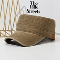 Distressed khaki canvas military flat top hat with vintage leather mountain side patch - Adjustable / Khaki