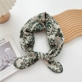 Green Baroque pattern cotton linen square scarf with delicate lace trim on white base - Vine Green