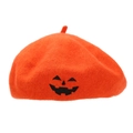 Orange Halloween pumpkin face embroidered wool beret hat for men and women - One Size / Orange
