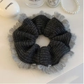 Oversized knitted scrunchie with black fabric and grey mohair trim for women - Black Knit Scrunchie 17cm