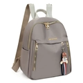 Chic grey Oxford nylon backpack with golden zippers and a cute bear toy charm - Gray