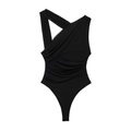 Detail of black one-shoulder bodysuit featuring ribbed texture and sheer mesh inserts - Black
