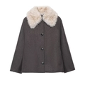 Giacca corta da donna grigio antracite con collo in ecopelliccia beige e bottoni - XS / grigio scuro