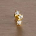 Macro shot of gold stainless steel stud earrings featuring three sparkling zircon stones - 3# Vertical Three Gems / Gold