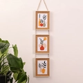 Hanging 3-frame photo set in natural wood with jute rope and minimalist plant art - 5 Inch / 3-Link Vertical / Yellow Wood Grain Stone