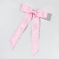 Detailed close-up of pink silk bow hair clip with elegant ruffled ribbon edges - Light Pink