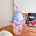 Pink sunflower water bottle with light blue lid and straw for children and girls - Sunflower Blue Pink