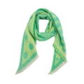 Detailed close-up of thick green and yellow jacquard scarf with polka dots and tassels - Dot Green Yellow