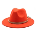 Close-up of orange wool fedora with gold metal beads and brown braided band details - Orange Red